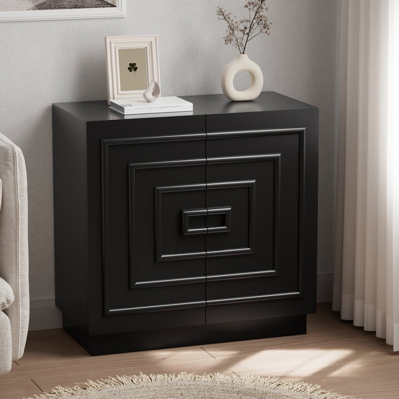COZAYH Sculptural Modern 2-Door Storage Cabinet, Geometric Rustic Cabinet with Square Pattern, Contemporary Accent Cabinet - Black