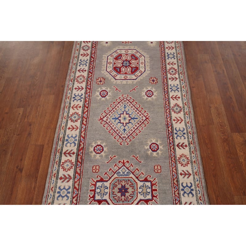 Gray Geometric Kazak Runner Rug Handmade Oriental Wool Carpet - 2'8" x 19'5"