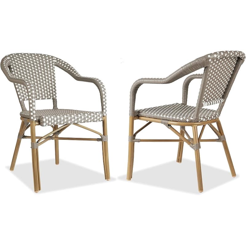 PURPLE LEAF Outdoor Dining Chairs (Set of 2) French Hand-Woven Aluminum Wicker Chairs - Arm-Grey(Bamboo Finish)