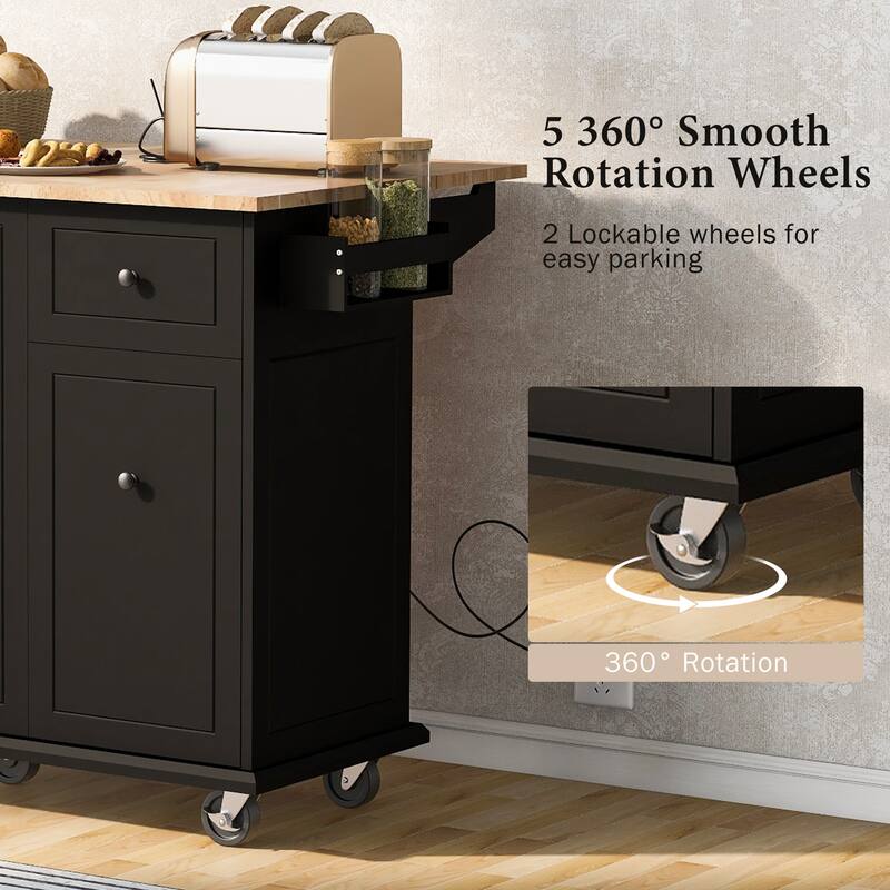 Kitchen Storage Cart on Wheels with Internal Storage Racks, Drop Leaf Rubber Wood Top & Adjustable Shelves