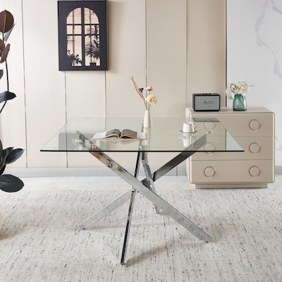 Chrome Dining Table with cross metal leg and glass,Modern Space Saving Kitchen Table for Living Room,120x120x75cm square glass