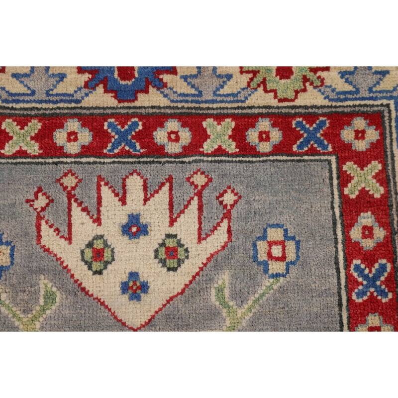 Gray Geometric Kazak Area Rug Hand-Knotted Wool Carpet - 5'2" x 6'7"