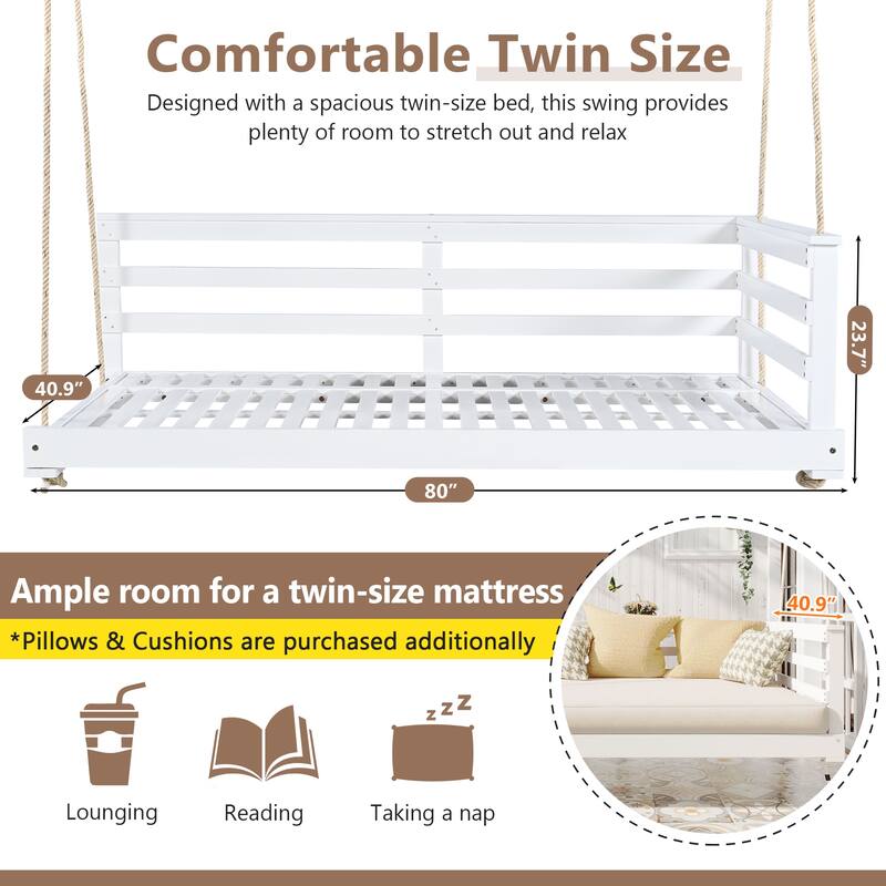 Patio Wooden Twin Size Swing Daybed Porch Swing Frame with 4pcs 96-inch Hemp Ropes for Backyard, Garden
