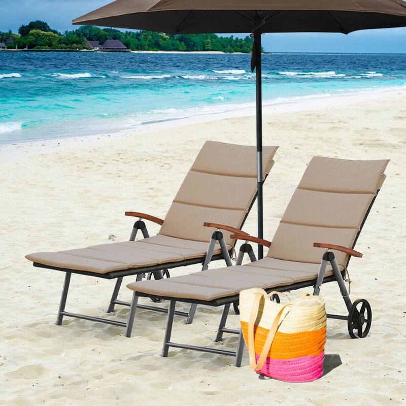 Gymax 2 PCS Folding Patio Rattan Lounge Chair Chaise Cushioned - Brown