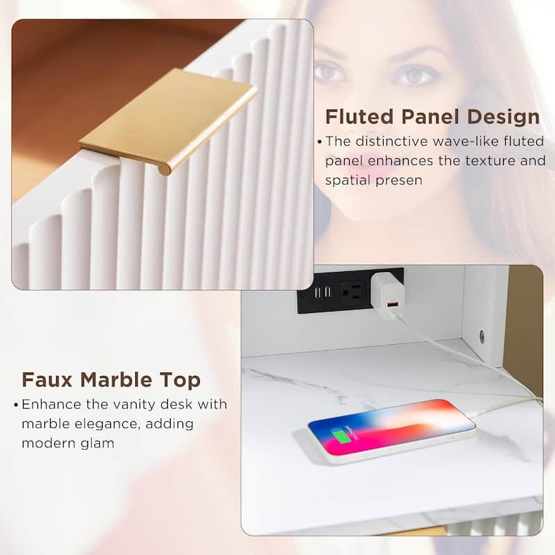 Modern Fluted Makeup Vanity Desk with Mirror, Lights, Charging Station