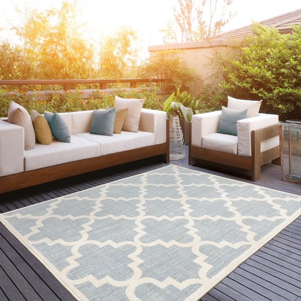 Pelican Faded Lattice Blue/ Ivory Mixed Pile Indoor/ Outdoor Area Rug by Havenside Home. Opens flyout.
