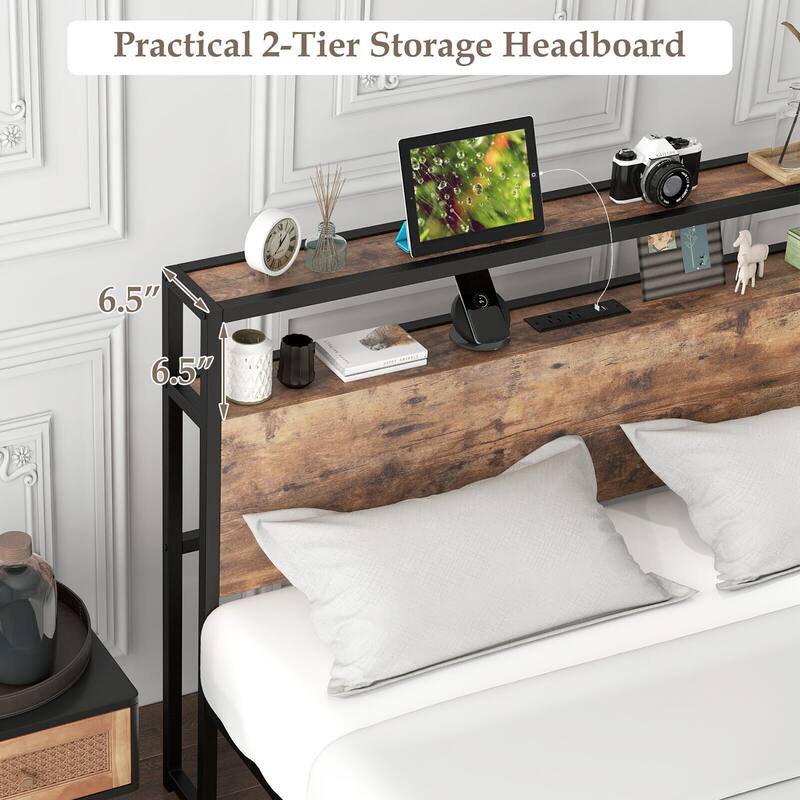 Gymax Full Size Industrial Platform Bed Frame with Charging Station
