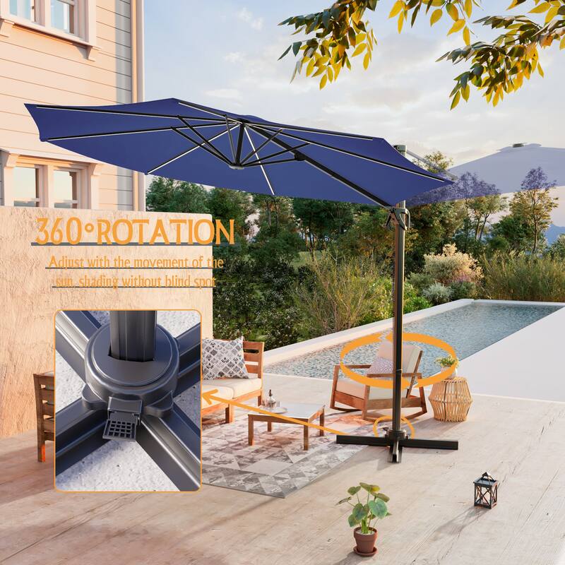 LIVOOSUN 10FT LED Round Cantilever Umbrella For Your Outdoor Space, Solution-Dyed Fabric, 360° Rotation System