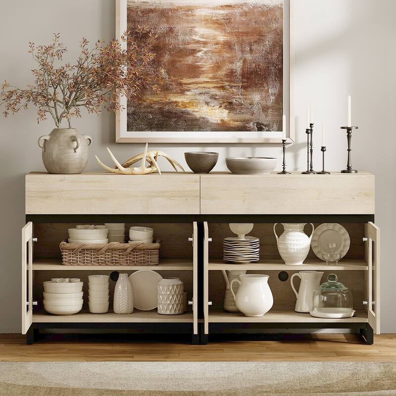 WAMPAT Multifunctional Sideboard Buffet Cabinets with 6 Glass Doors and Drawers, Modern Sideboard, Coffee Bar Storage Cabinet