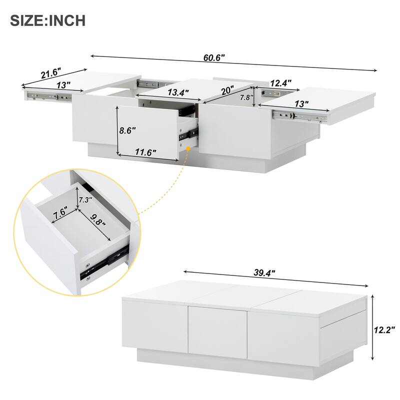 Multifunctional Extendable Coffee Table - 2 Hidden Storage Compartment