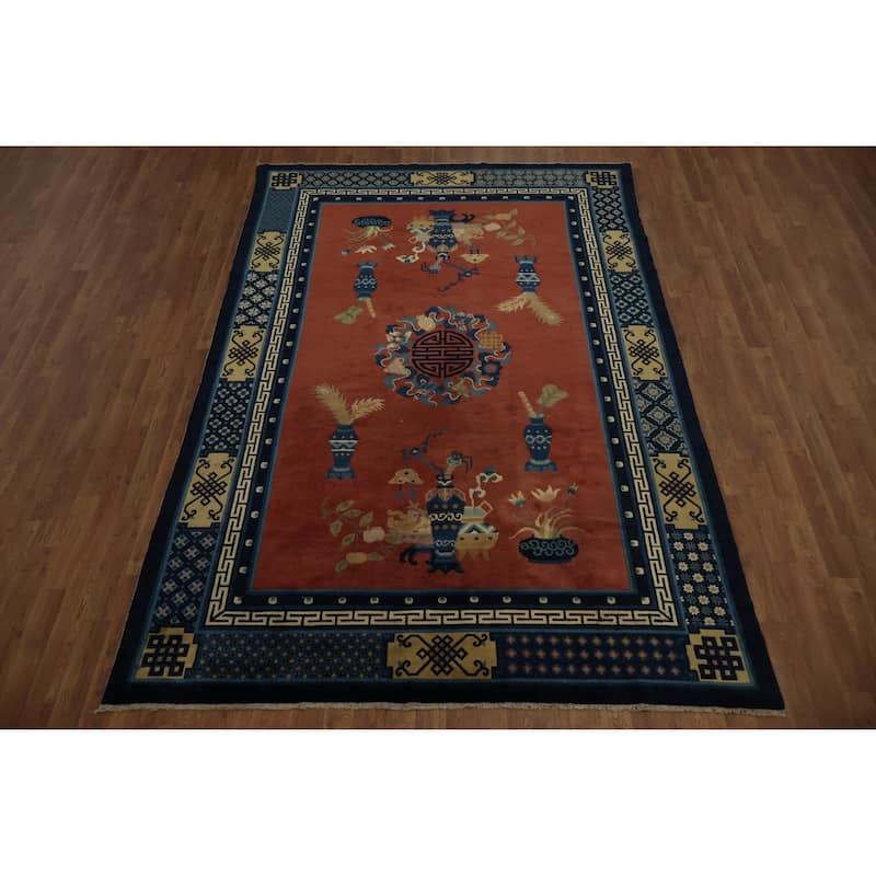 Hand Knotted Oriental 100% Wool Carpet Traditional Medallion Oranges & Rust Art Deco Area Rug - 8' 11'' X 6' 0''