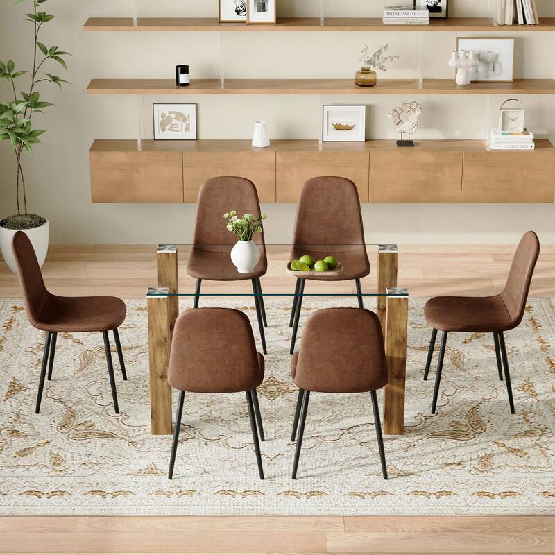 7-Piece Rectangular Dining Table Set, Modern 49.6" Glass Dining Table Set with 6 Fabric Armless Dining Chairs for Dining Room