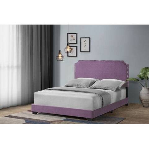 Haemon Wooden Queen Bed in Light Purple Fabric with Slats, Wooden Leg & Fully Upholstered Bed