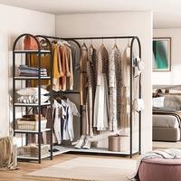 Siavonce Multifunction Free-Standing Particle Board Clothes Rack Closet Organizer with Storage Box and Side Hook, Rustic Brown