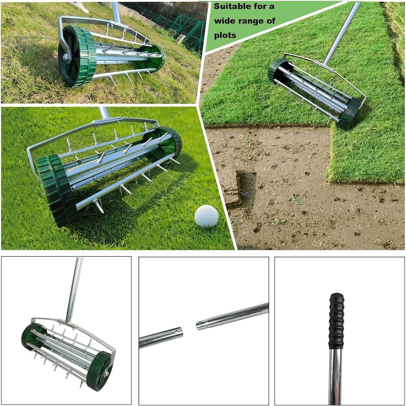 Rolling Lawn Aerator, Rotary Push Tine Spike Soil Gardening Tool, 3-Piece Long Steel Handle - 16"W