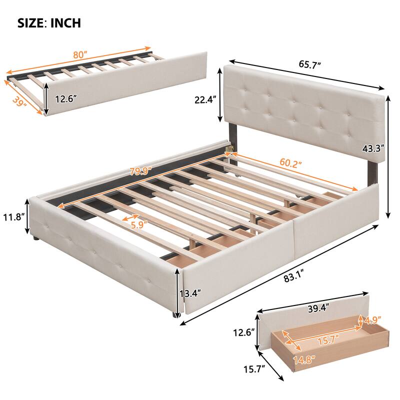 Upholstered Platform Bed with 2 Drawers and 1 Twin XL Trundle, Linen Fabric, Queen Size