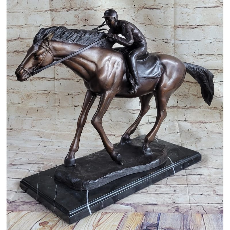 Bronze Jockey Horseman Equestrian Horse Racing Statue Sculpture Decor 16 Inches X 23 Inches