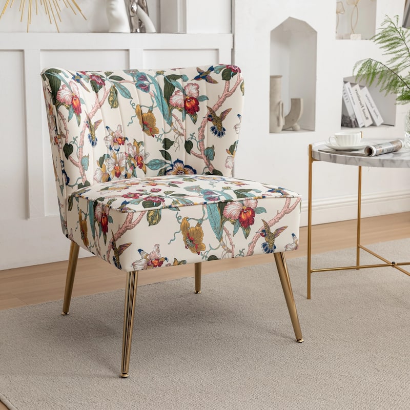 Velvet Floral Accent Chair with Gold Legs, Modern Comfy Tufted Side Chair for Living Room/Bedroom - Beige