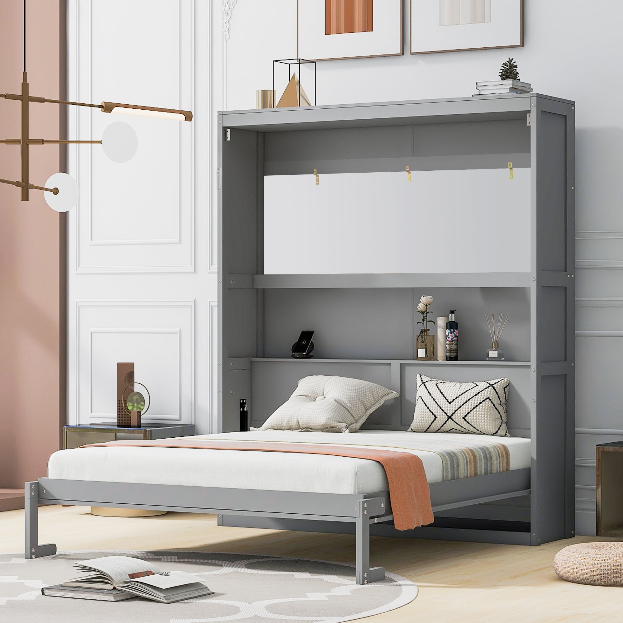 Queen Size Murphy Bed Wall Bed with Shelves