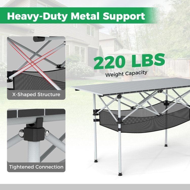 Aluminum Patio Folding Camping Table with Bag and Mesh Basket - 47" x 22" x 27" (L x W x H)