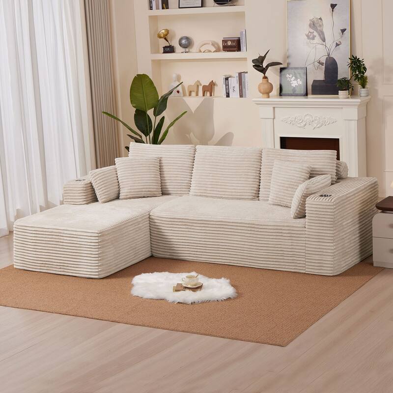 102.76" Corduroy Cloudy L Shaped Sofa with Headrests