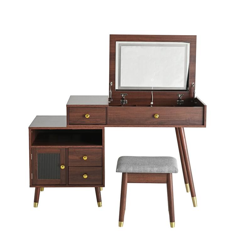 3-in-1 Vanity Desk with Lighted Flip-Top Mirror & Retractable Side Cabinet, Vanity Set with Stool & Storage Drawers