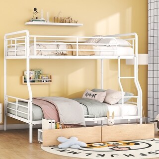 Full XL Over Queen Metal Bunk Bed with Two Drawers in White