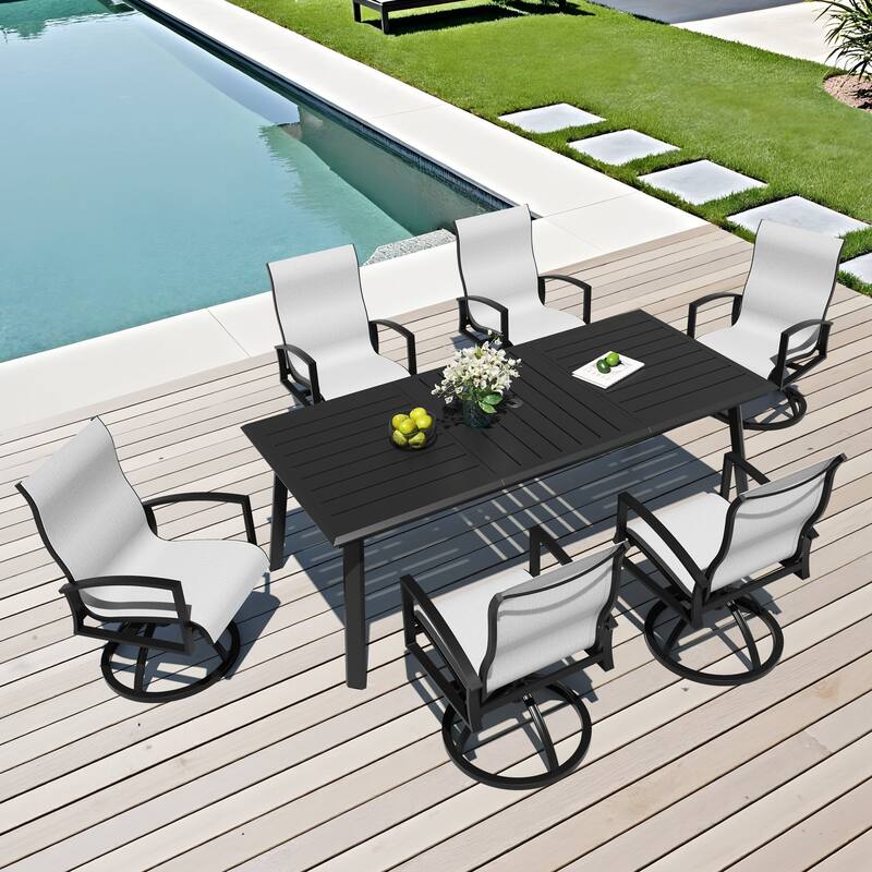 7-Piece Patio Dining Set High Back Sunbrella Swivel Chair and Aluminum Dining Table - Augustine Oyster