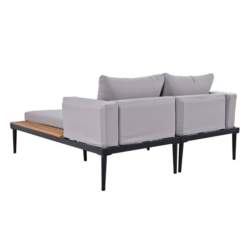59*55" Outdoor Metal Daybed Frame with Removable Cushion, Patio 2 in 1 Padded Lounge Chaise with Wood Side Table for Drinks