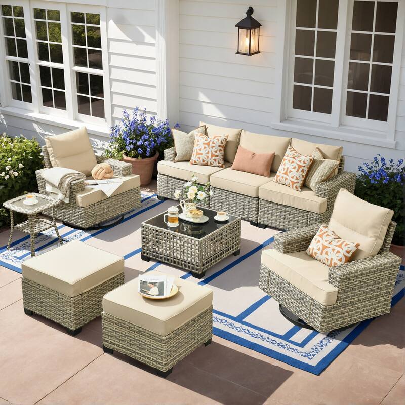 XIZZI 9-piece Outdoor Patio Wicker Furniture Swivel Chair Set - Beige