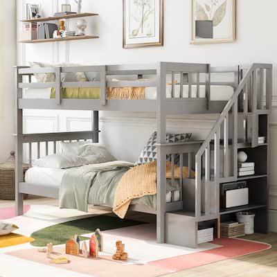 Space-Saving Twin Bunk Bed with Staircase Storage and Safety Guardrails, Gray
