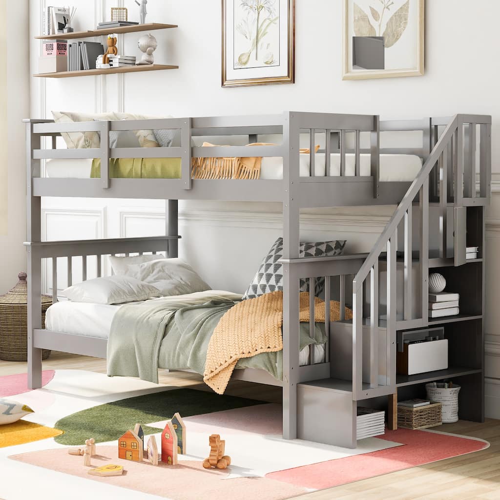 Twin-Over-Twin Bunk Bed with Storage, Guard Rail, and Staircase in Gray
