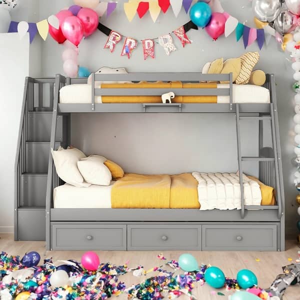slide 2 of 11, Twin Over Full Bunk Bed with Drawers,Ladder and Storage Staircase For Bedroom,Dorm,Adults,Kids Grey