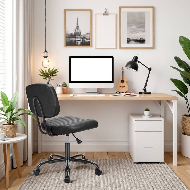 Small Armless Office Desk Chair with Wheels and Low Back Lumbar Support, Comfy Cute PU Leather Vanity Rolling Swivel Task Chair
