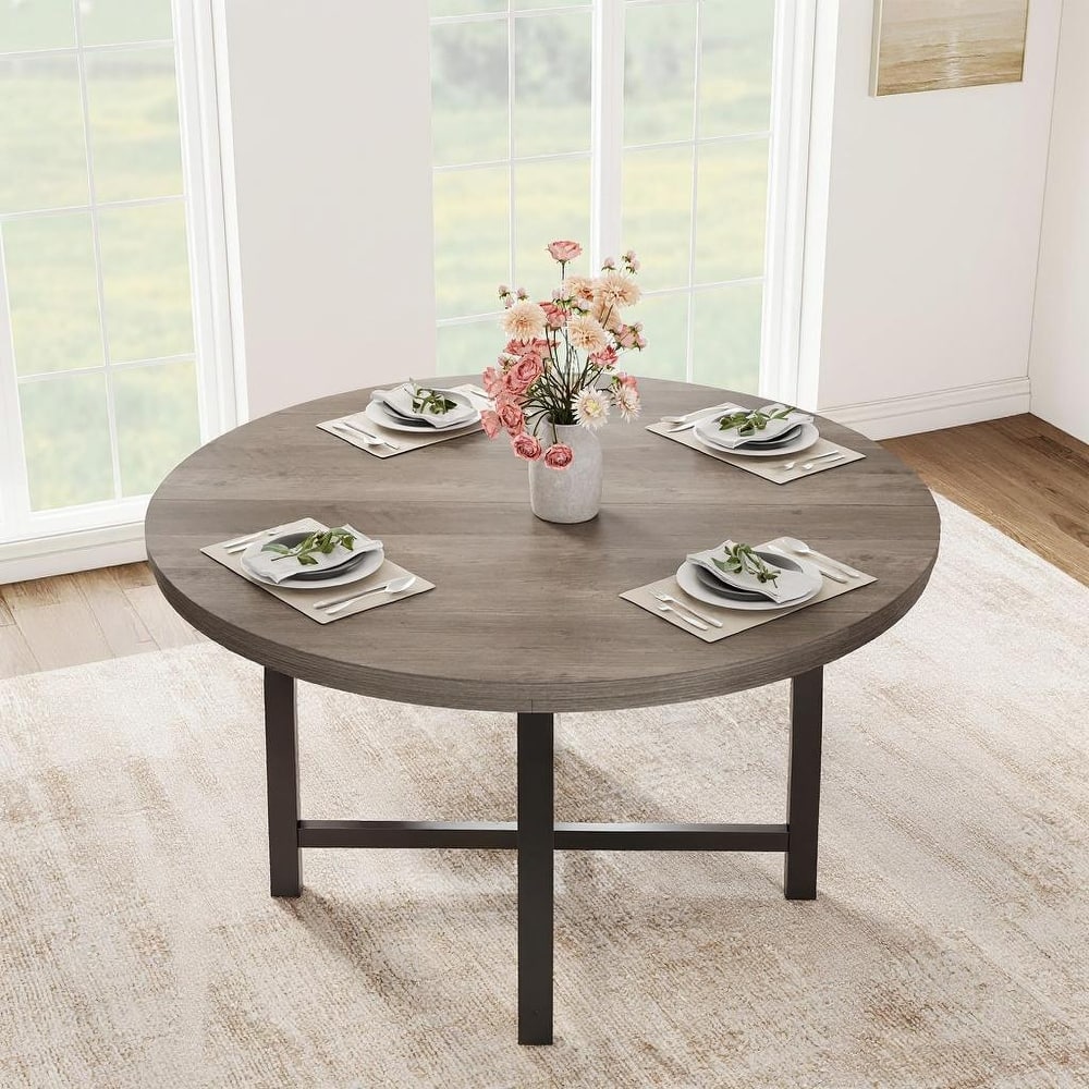 47" Round Dining Table, with Sturdy Metal Frame & Rustic Brown Finish