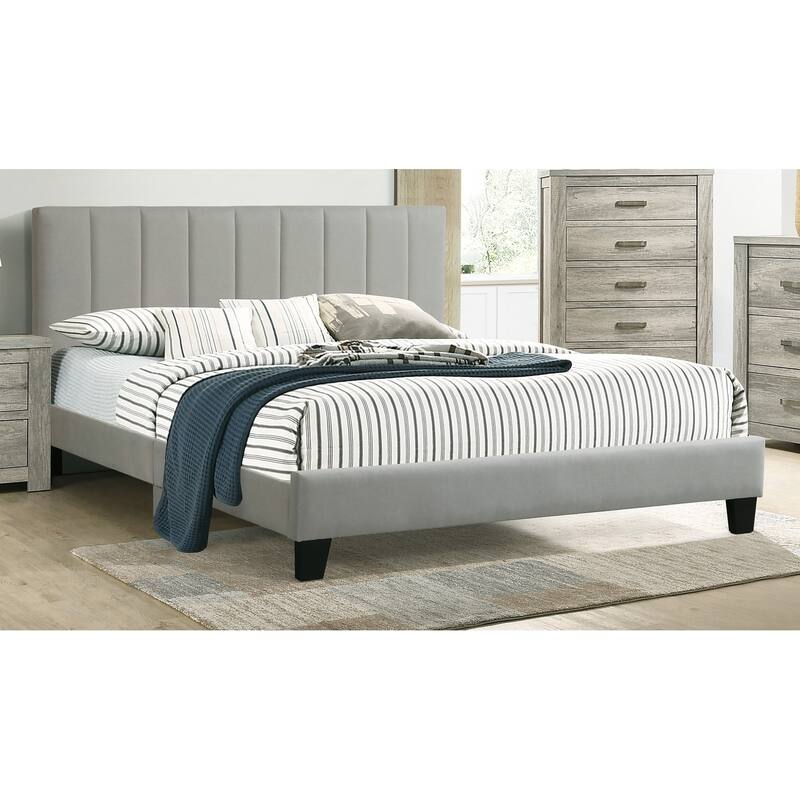 Queen Size Polyfiber Platform Bed with Tufted Headboard and Modern Design - Grey,Light Gray2