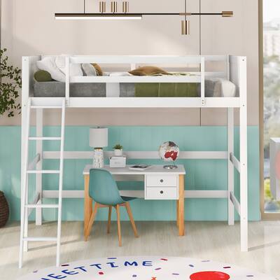 Solid Wood Twin Size Loft Bed with Ladder & Safety Guardrail, White
