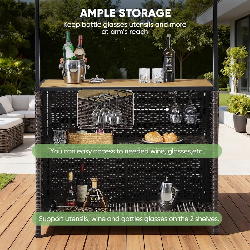 Pocassy Outdoor Tiki Bar Set with 2 Stools Storage for Garden