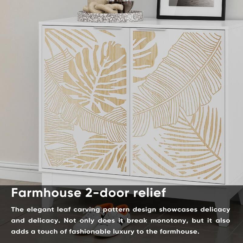 Roomfitters Coastal Storage Cabinet with Tropical Leaf Pattern Doors, Sideboard Buffet Organizer with Wood Accents, White