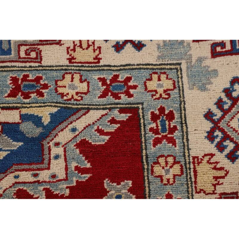 Red Geometric Kazak Rug Hand-Knotted Living Room Wool Carpet - 6'9" x 9'6"