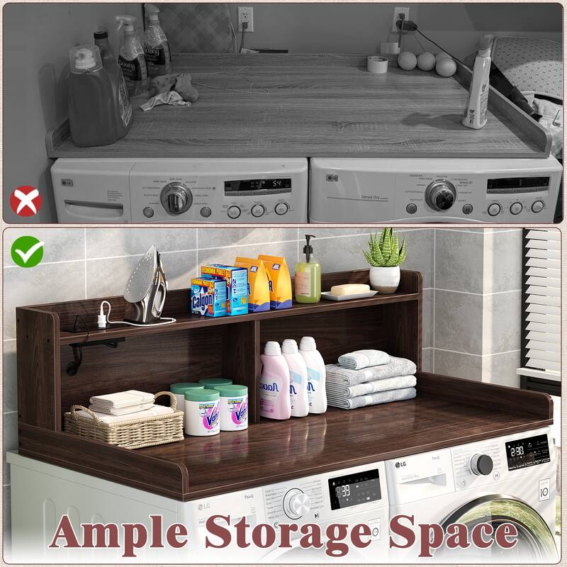 54" x 27.4" Laundry Countertop for Washer and Dryer with Non-Slip Pads，LED Lights，Power Outlets