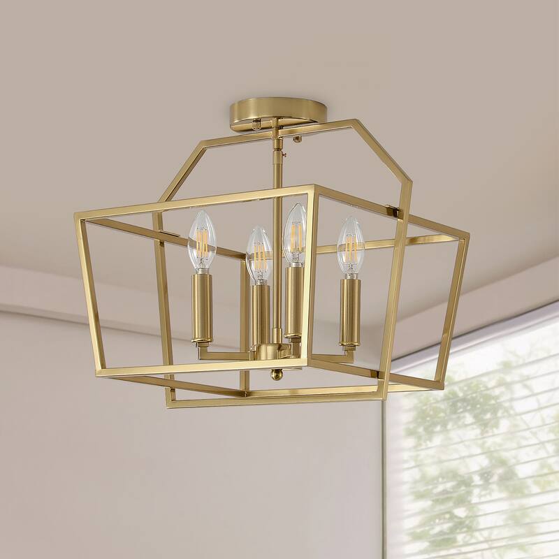 Modern 4 - Light Semi - Flush Mount, Gold Geometric Cube Design