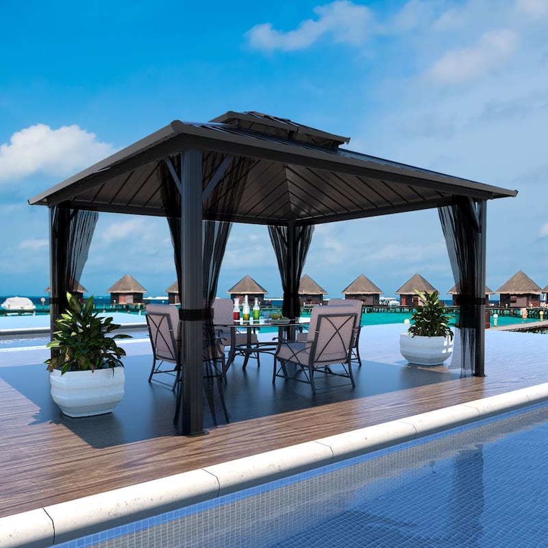 VEIKOUS Aluminum Double Hardtop Gazebo Pergola for Patio, Lawn, and Garden with Removable Netting - 12×12