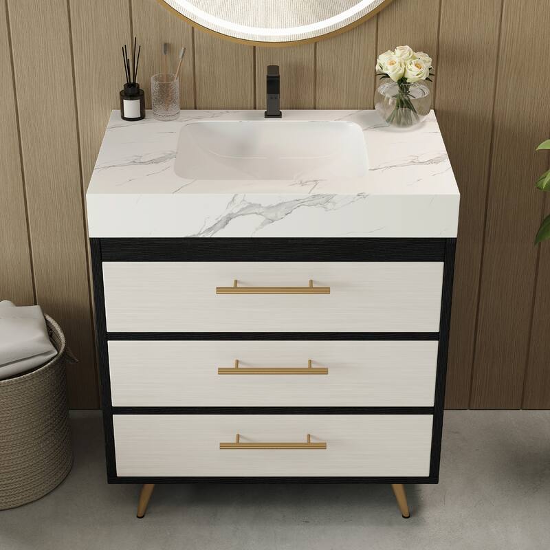 GDFStudio - Athens Modern 29.9" Freestanding Bathroom Vanity with Sintered Stone Top, Ceramic Vessel Sink & Stainless Steel Legs