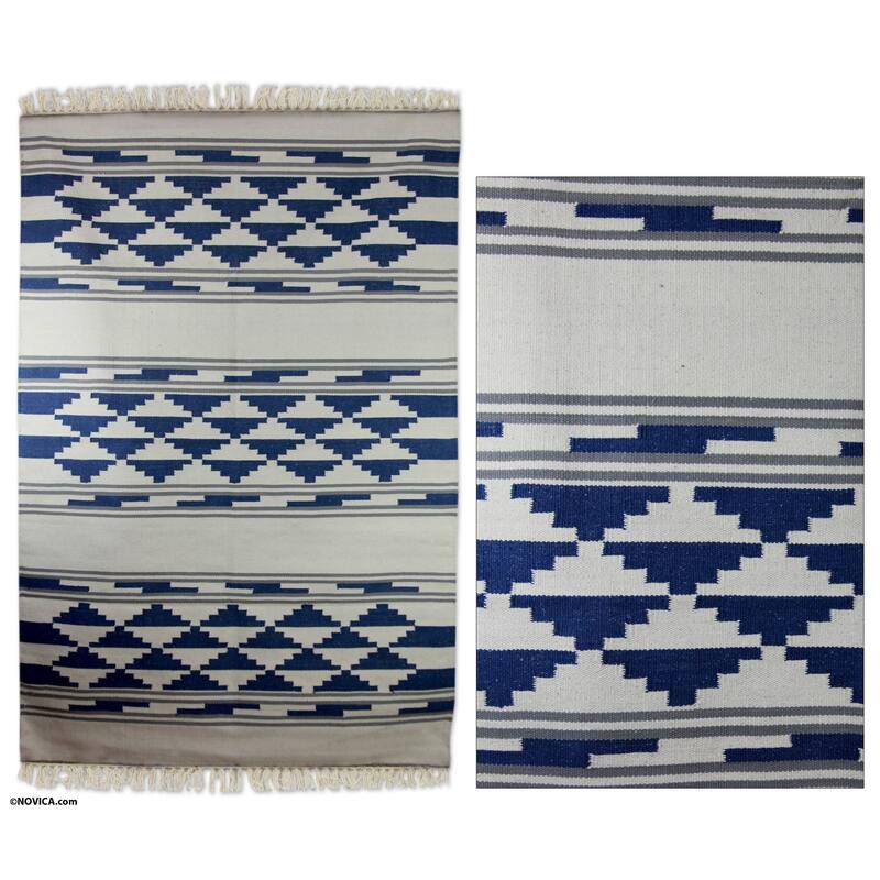 Handmade Blue Ziggurat Cotton rug (India ) - Big