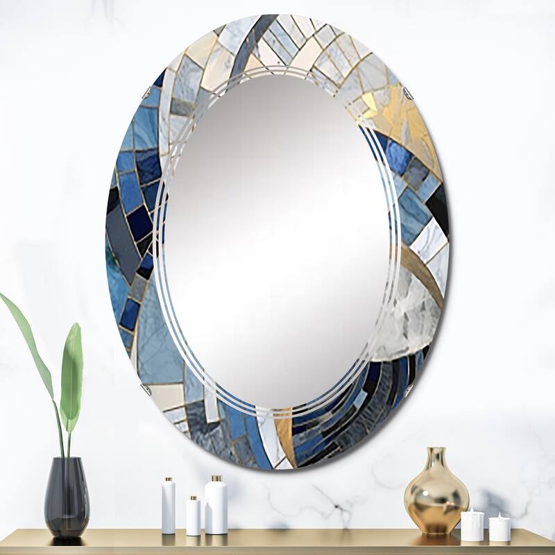 Designart "Gold Constructing Blue Realms I" Abstract Shapes Modern Wall Mirror - 24in.x36in.