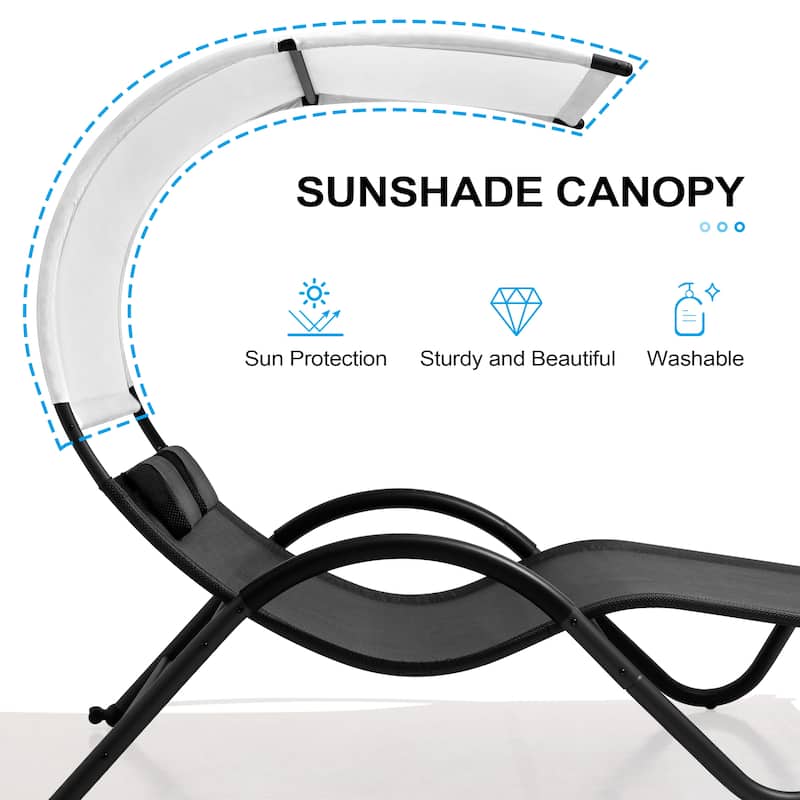 Outdoor Double Chaise Lounge Chair Double Sun Bed Lounger with Canopy Shade & Wheels - 72.83" D × 54.33" W ×65.35" H