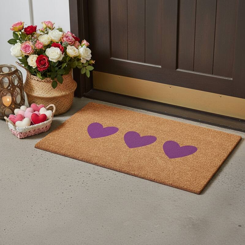HomeRoots 17" X 29" Brown And Pink Three Hearts Outdoor Coir Door Mat - 17.00' X '29.00 - 17.00' X '29.00