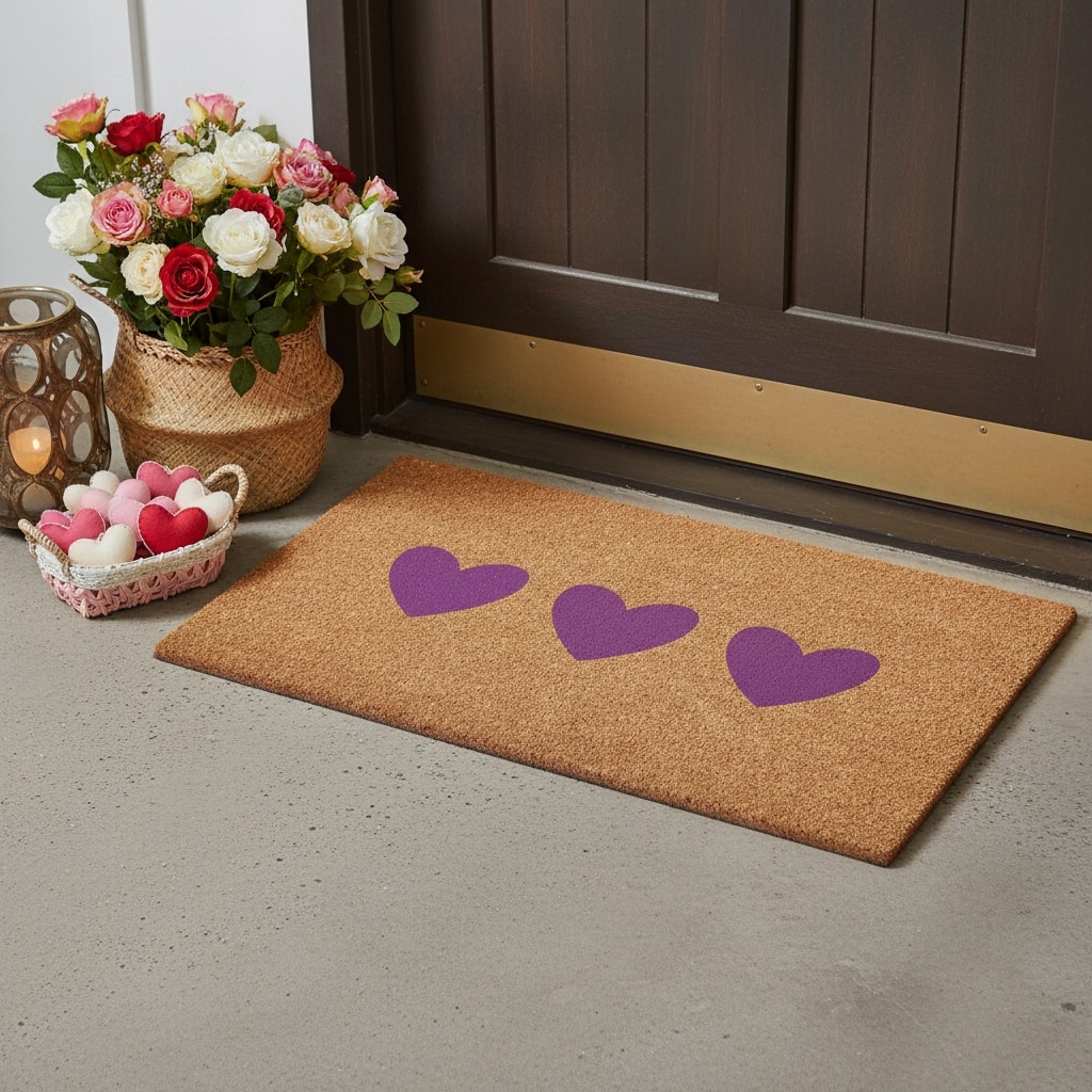 HomeRoots 17" X 29" Brown And Pink Three Hearts Outdoor Coir Door Mat - 17.00' X '29.00