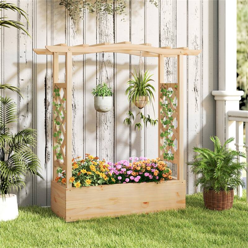 44" Wooden Raised Planter Box with Side Trellises and Open-Ended Bottom for Large Plants - Natural - 44" x 14" x 45"